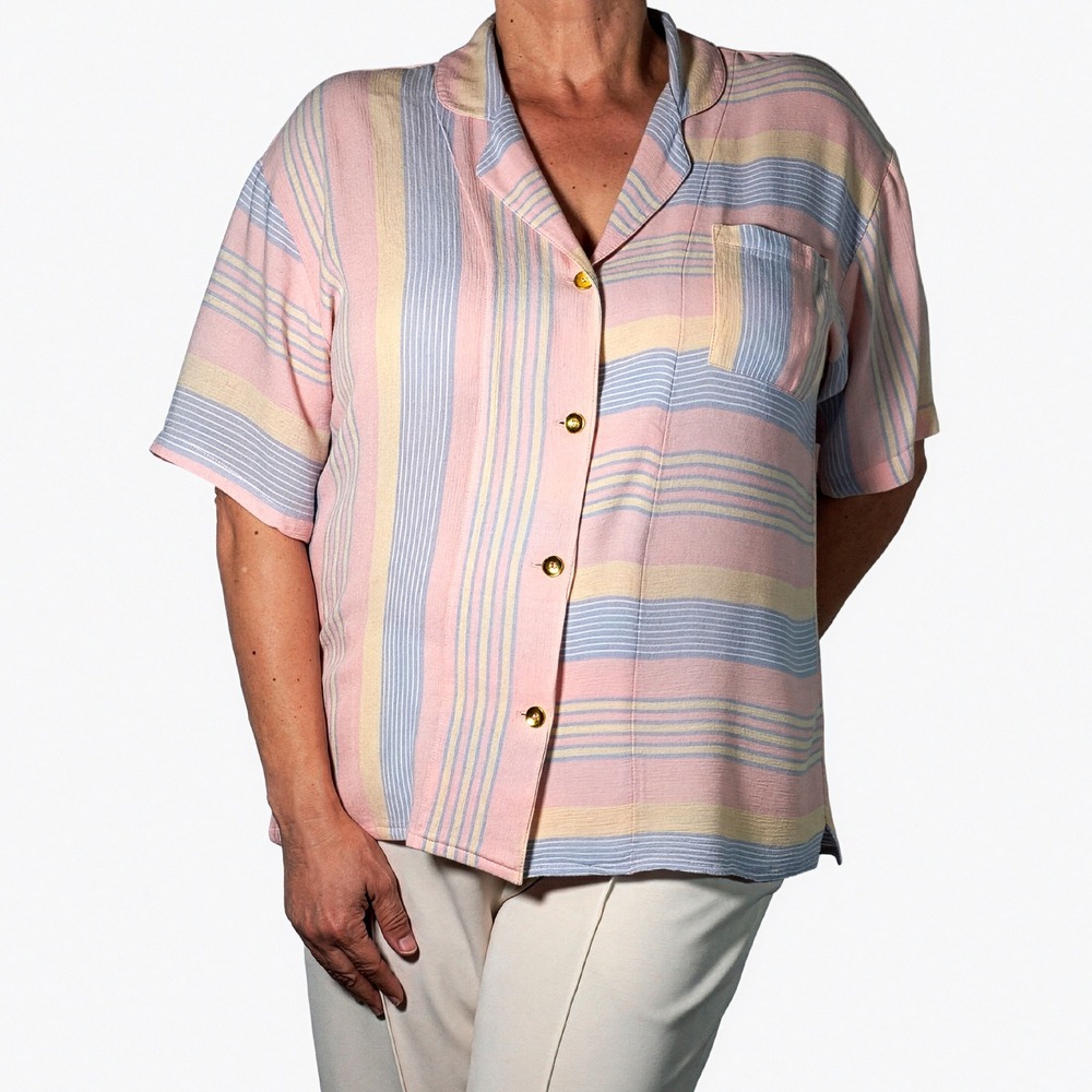 Button Down Top Pink Blue Stripe Pajama Shirt Pastel Summer Chic XL 1X